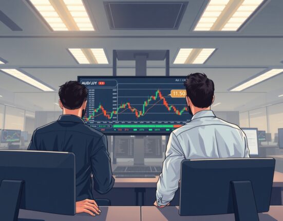 Professional forex traders analyzing AUD/JPY currency pair data on trading desk monitors.