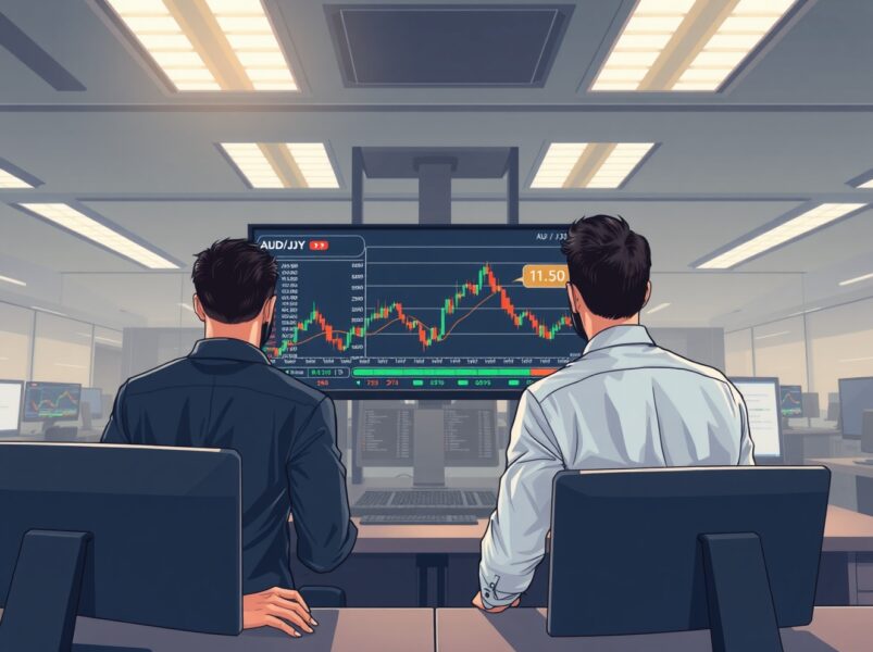 Professional forex traders analyzing AUD/JPY currency pair data on trading desk monitors.