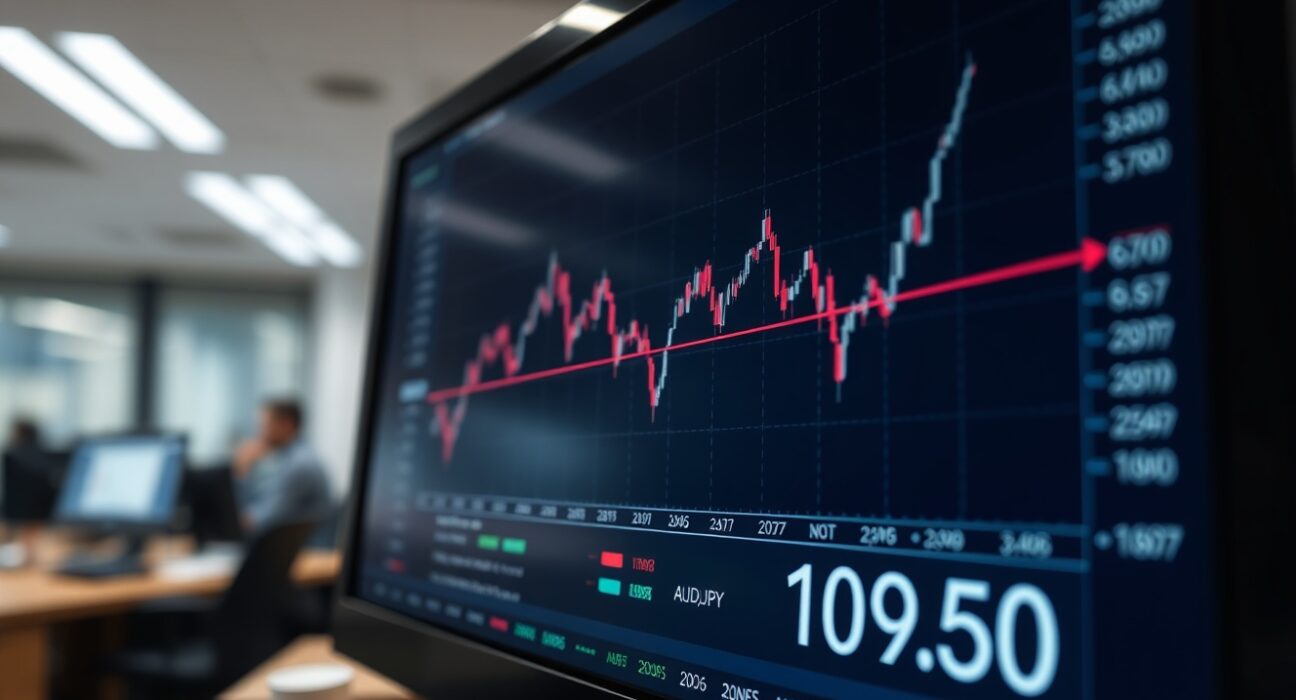 AUD/JPY currency pair chart showing a sharp decline to near 109.50 on a trading terminal.