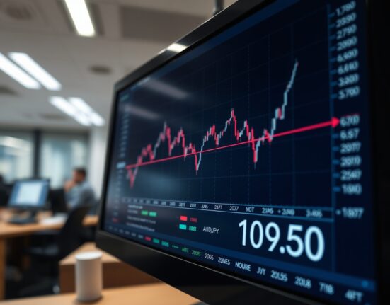 AUD/JPY currency pair chart showing a sharp decline to near 109.50 on a trading terminal.