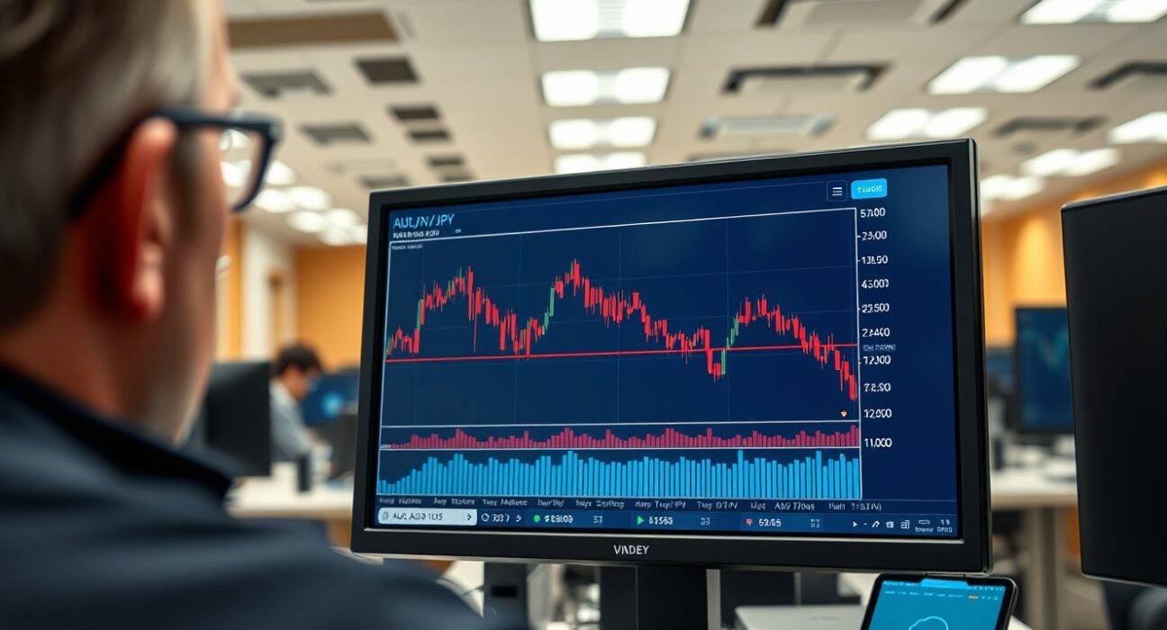 AUD/JPY currency pair chart crashing following Israeli strikes on Tehran, showing market volatility.