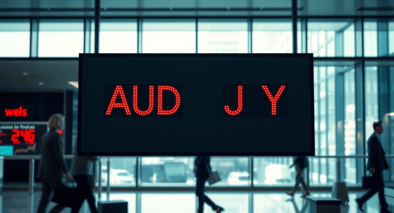 AUD/JPY exchange rate board in a modern financial district trading floor