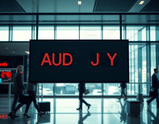 AUD/JPY exchange rate board in a modern financial district trading floor