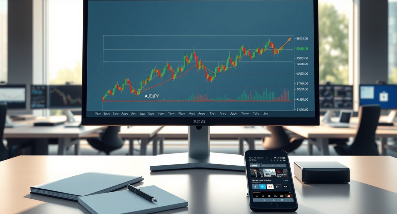 AUD/JPY technical analysis chart showing price interaction with 100-day EMA on professional trading desk