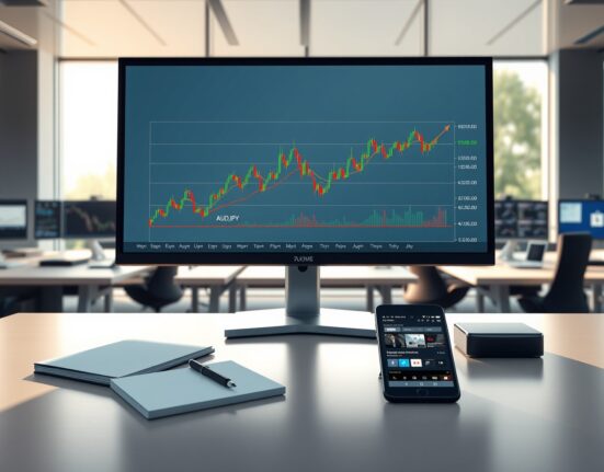 AUD/JPY technical analysis chart showing price interaction with 100-day EMA on professional trading desk