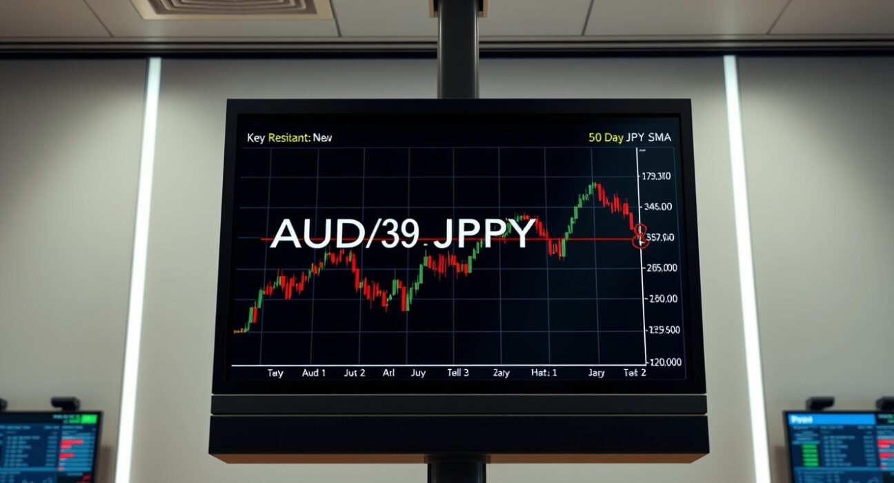 AUD/JPY price chart showing resistance at 50-day SMA on a trading floor screen