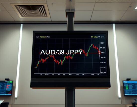 AUD/JPY price chart showing resistance at 50-day SMA on a trading floor screen