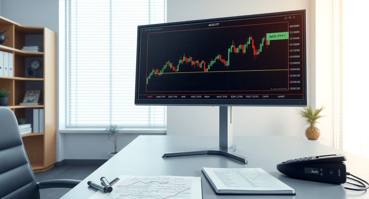 AUD/JPY forecast analysis showing currency pair chart on a professional trading desk.