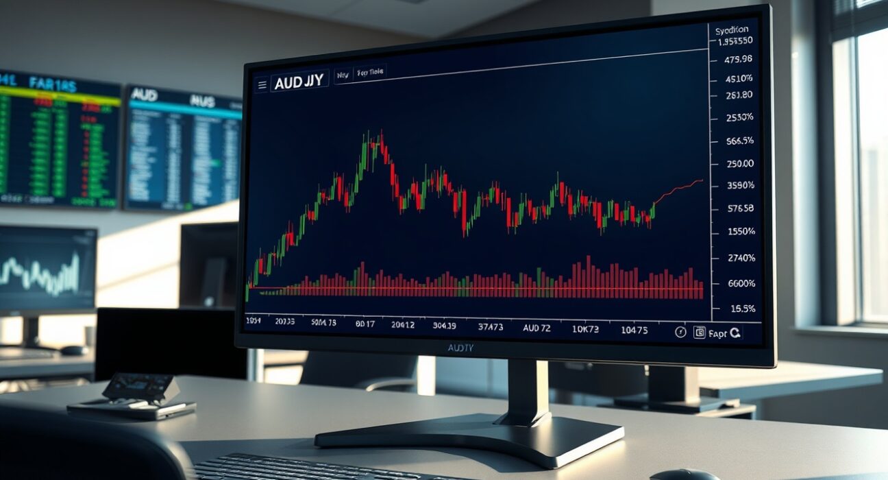 AUD/JPY forecast analysis showing the currency pair's chart rebounding from key support on a trading desk monitor.