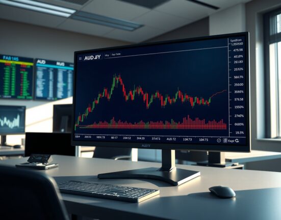 AUD/JPY forecast analysis showing the currency pair's chart rebounding from key support on a trading desk monitor.