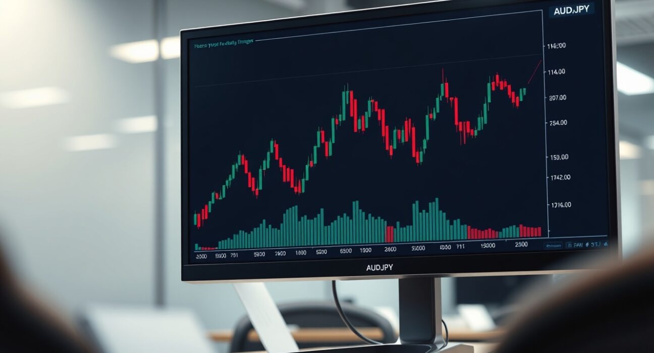 AUD/JPY currency pair chart breaking above 114.00 on a professional trading desk monitor.