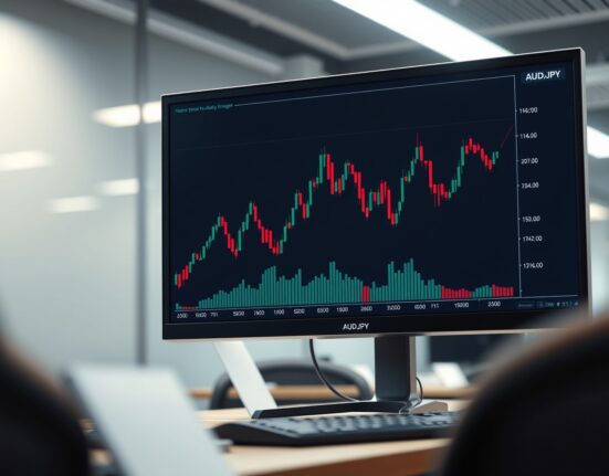 AUD/JPY currency pair chart breaking above 114.00 on a professional trading desk monitor.