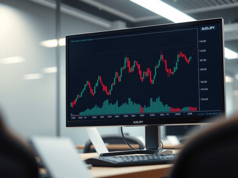 AUD/JPY currency pair chart breaking above 114.00 on a professional trading desk monitor.