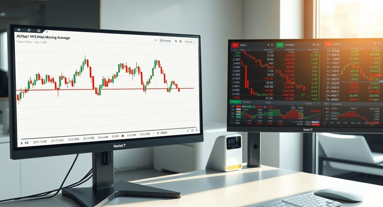 AUD/JPY technical analysis chart showing price action near 114.00 with 100-day EMA support on trading desk monitors