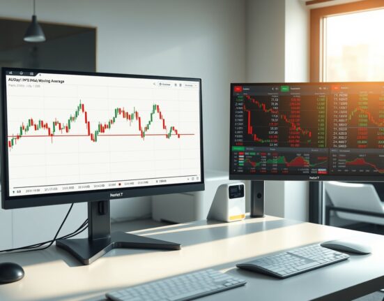 AUD/JPY technical analysis chart showing price action near 114.00 with 100-day EMA support on trading desk monitors