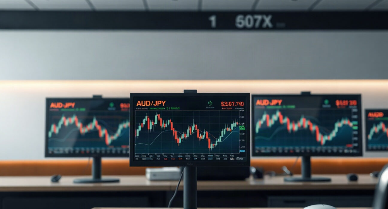 Trading screens showing AUD/JPY charts and market data