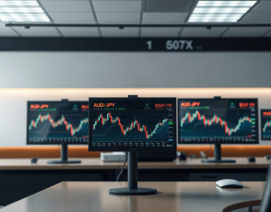 Trading screens showing AUD/JPY charts and market data