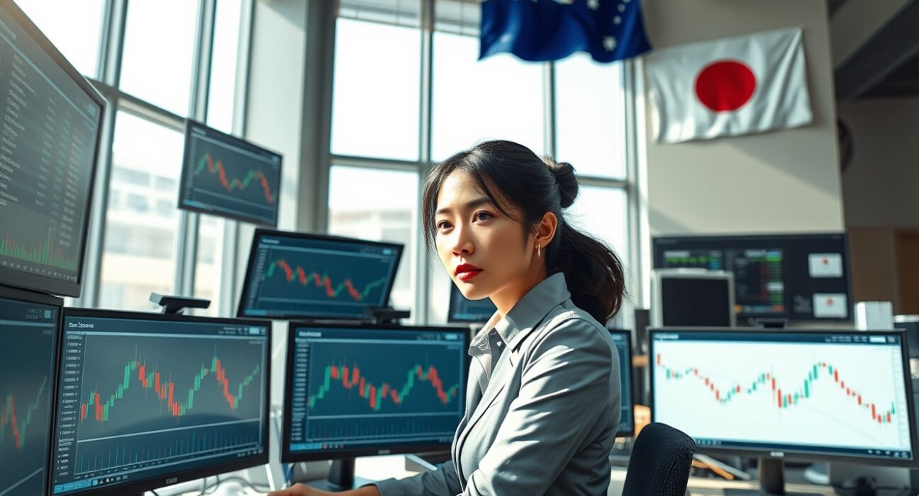 Forex trader analyzing AUD/JPY currency pair charts amid RBA rate hike speculation