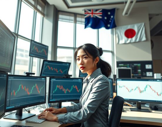 Forex trader analyzing AUD/JPY currency pair charts amid RBA rate hike speculation