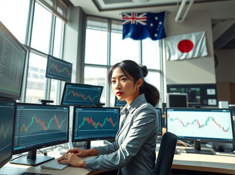 Forex trader analyzing AUD/JPY currency pair charts amid RBA rate hike speculation