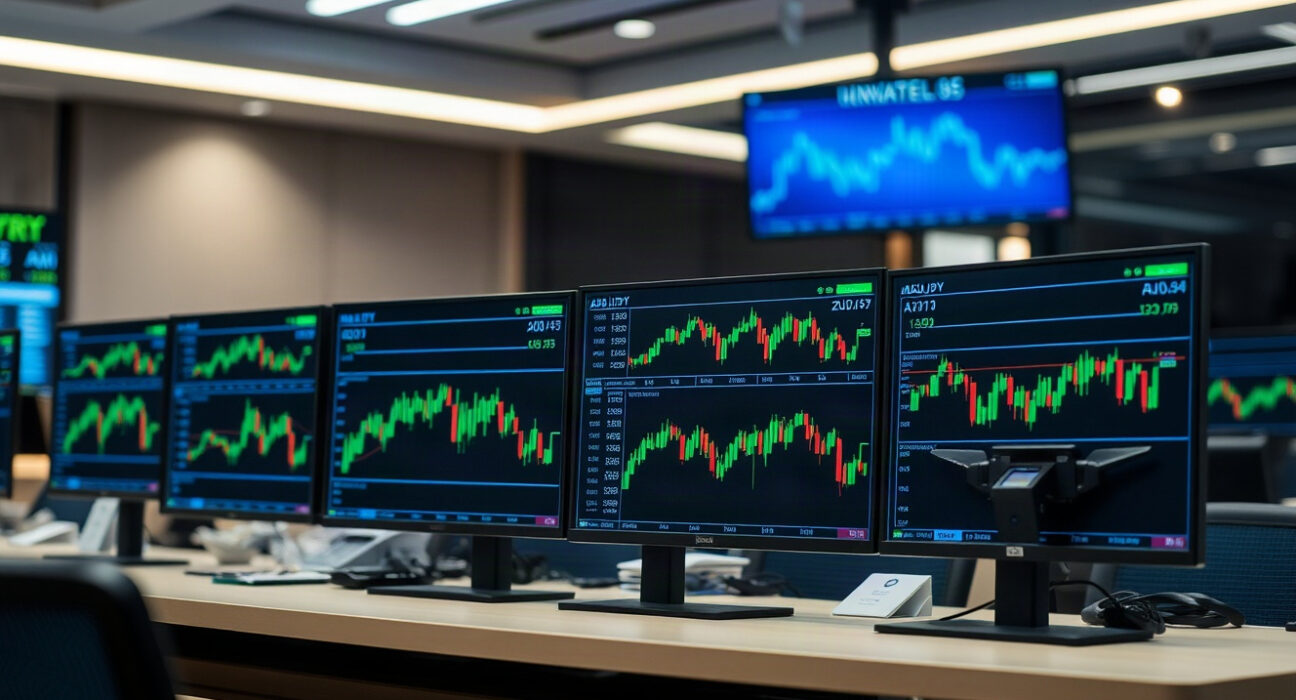 Trading screens showing AUD/JPY charts on a professional trading floor