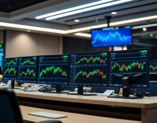 Trading screens showing AUD/JPY charts on a professional trading floor