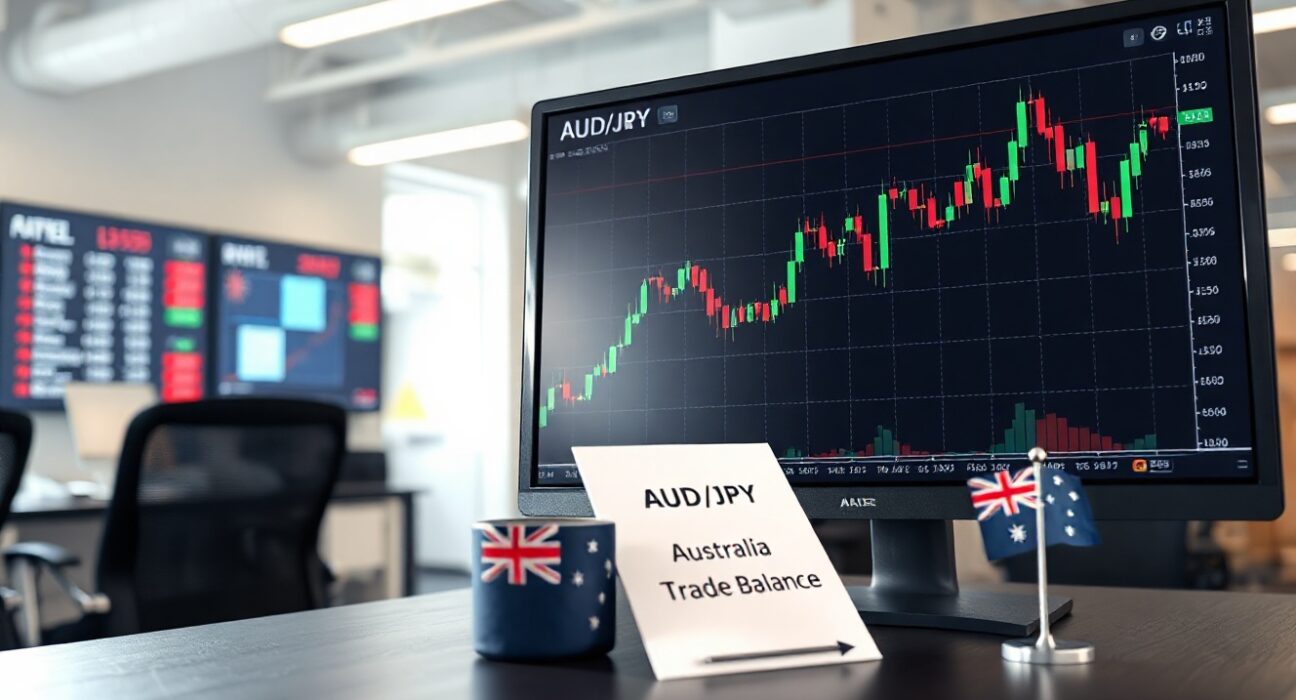 Financial news desk with AUD/JPY chart and Australia trade balance report