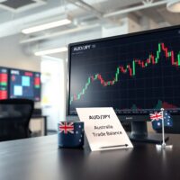 Financial news desk with AUD/JPY chart and Australia trade balance report