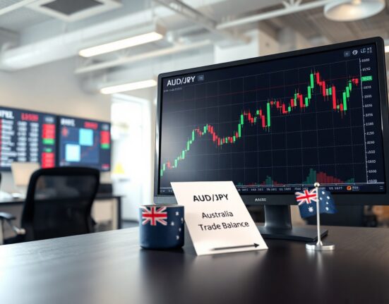 Financial news desk with AUD/JPY chart and Australia trade balance report