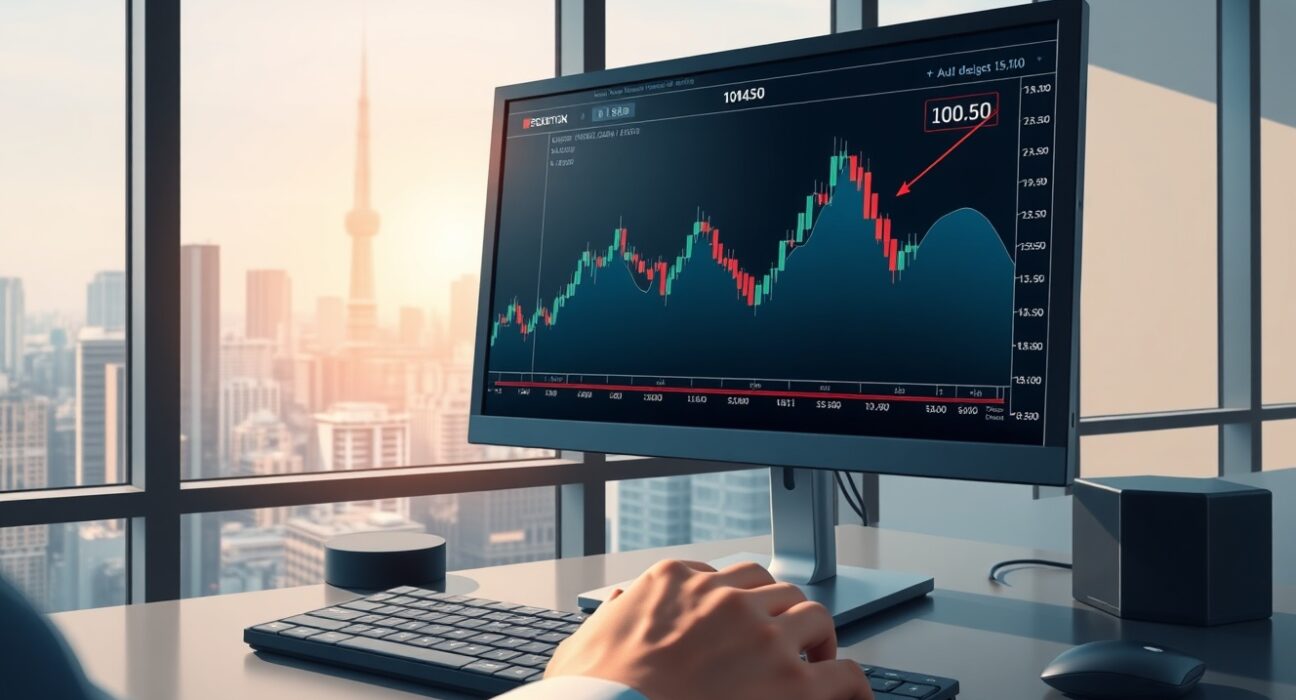 Forex trading chart showing AUD/JPY holding near 110.50 amid Bank of Japan policy uncertainty.