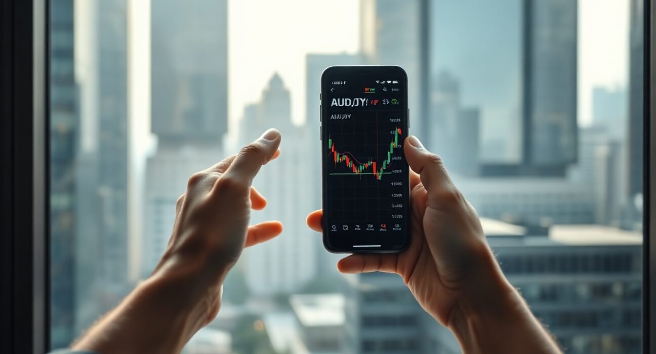 AUD/JPY forex chart on a smartphone in a financial district setting