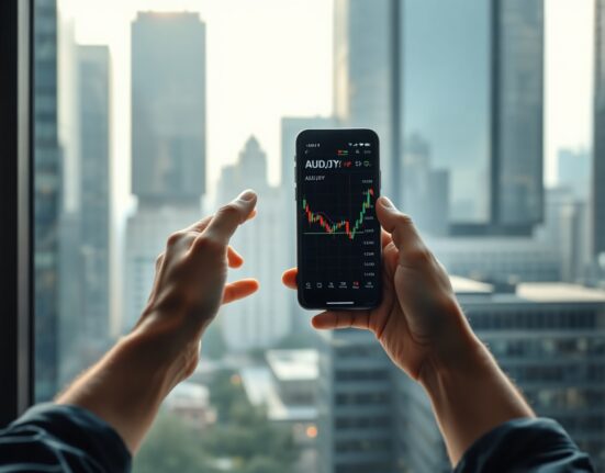 AUD/JPY forex chart on a smartphone in a financial district setting