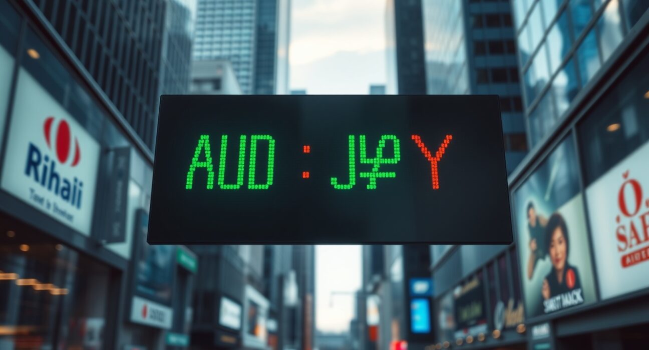 AUD/JPY exchange rate board in a financial district after PBoC rate decision