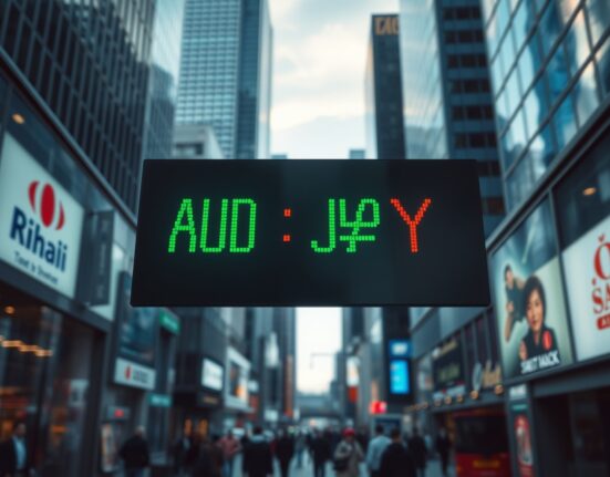 AUD/JPY exchange rate board in a financial district after PBoC rate decision