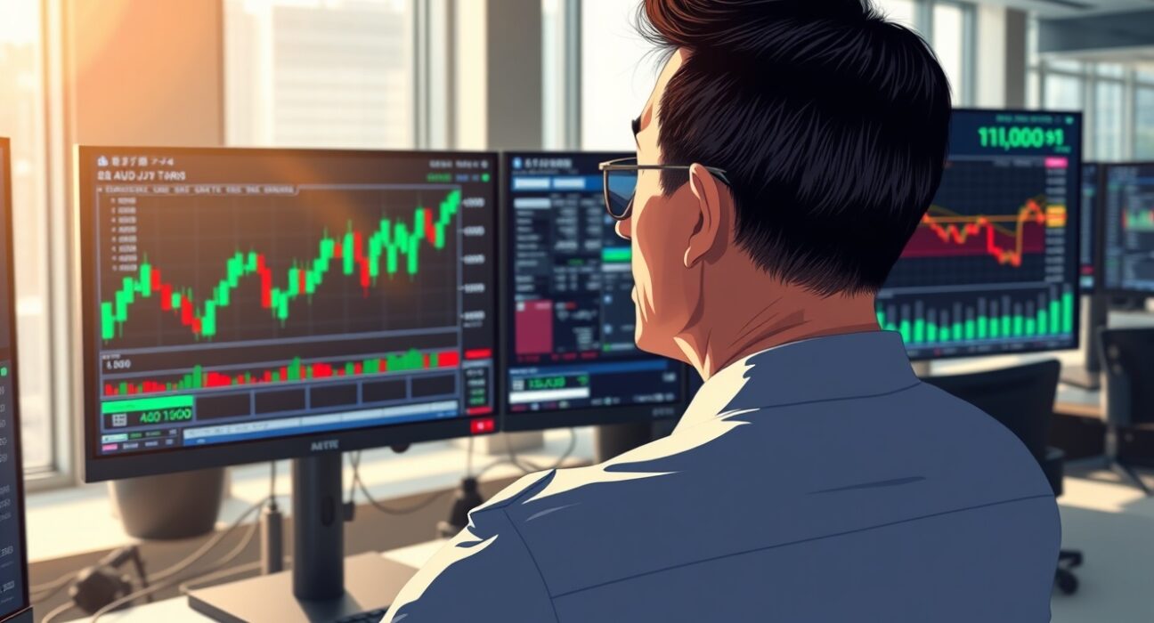 Trader in Tokyo monitors AUD/JPY forex chart below 110.00 amid intervention fears.