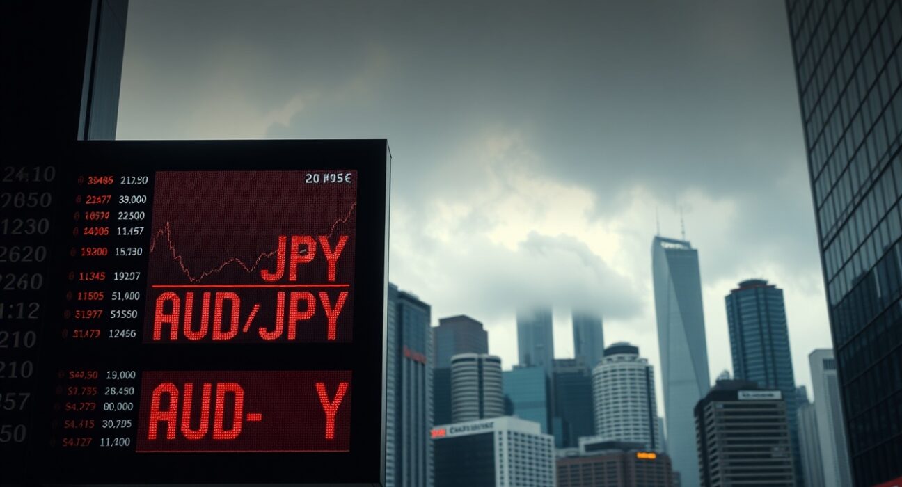 AUD/JPY exchange rate board in a financial district under cloudy skies reflecting geopolitical risk.