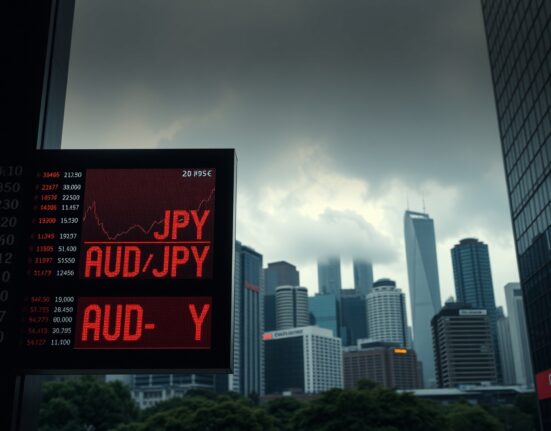 AUD/JPY exchange rate board in a financial district under cloudy skies reflecting geopolitical risk.