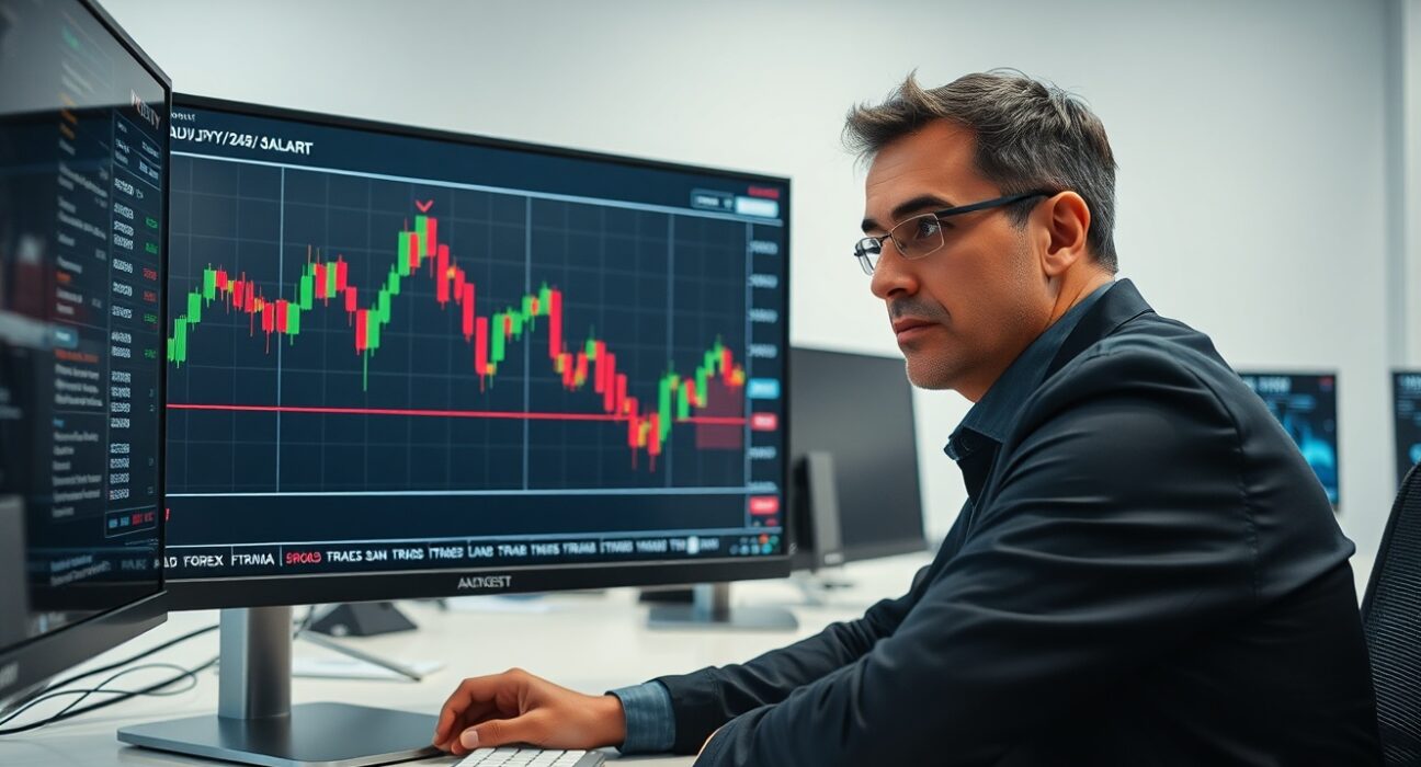 Financial analyst monitoring AUD/JPY forex chart showing price testing ascending channel support.