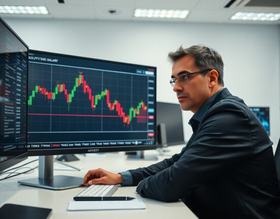 Financial analyst monitoring AUD/JPY forex chart showing price testing ascending channel support.