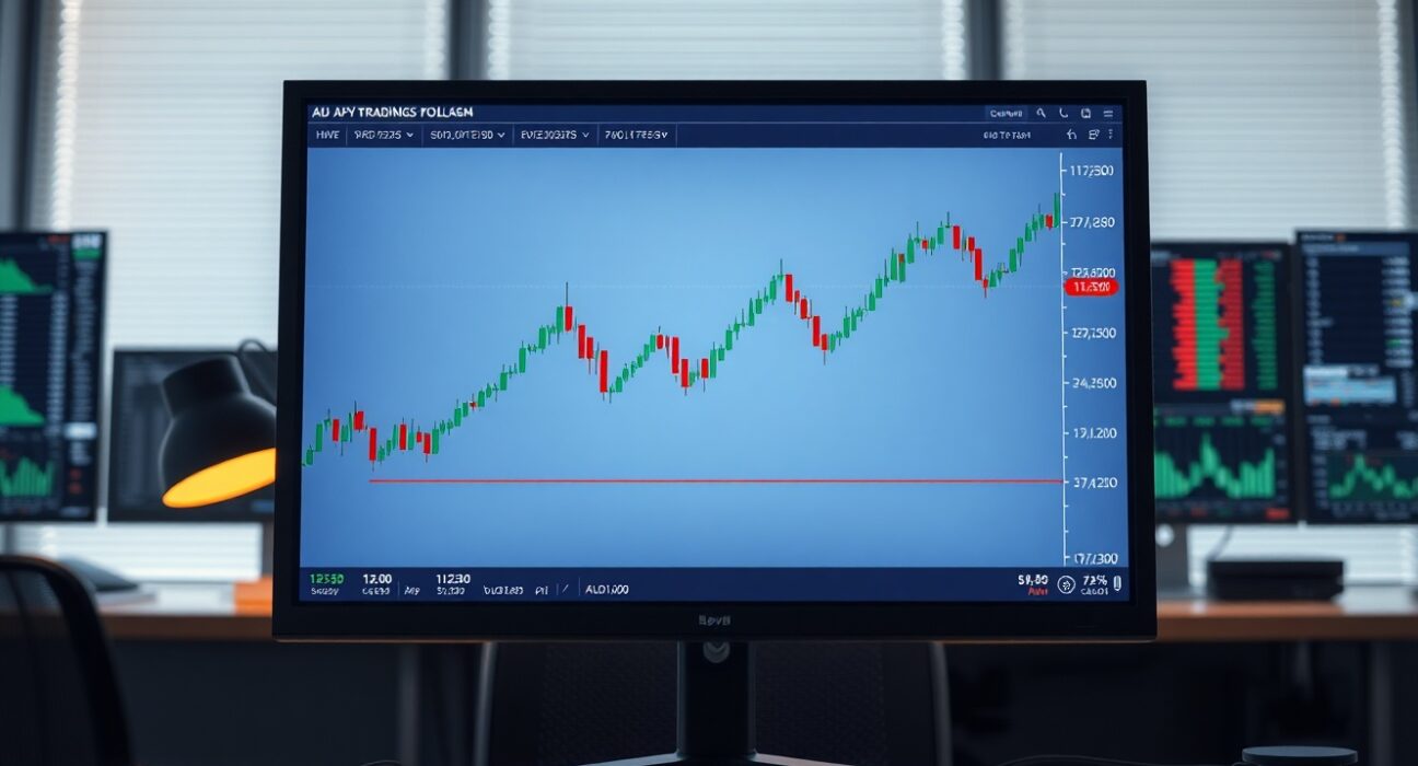 Forex trading monitor showing AUD/JPY candlestick chart with upward trend above 112.50