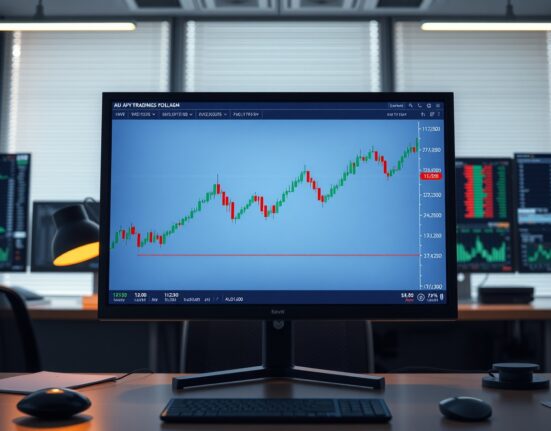 Forex trading monitor showing AUD/JPY candlestick chart with upward trend above 112.50