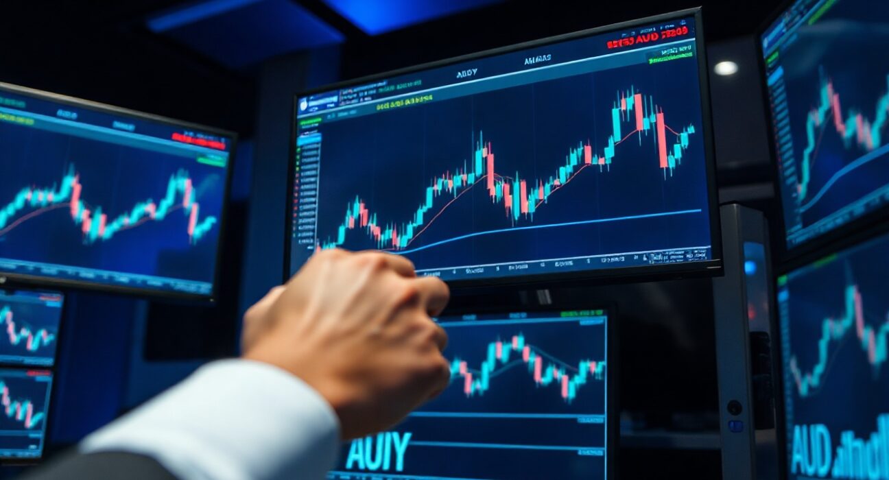 AUD/JPY bullish candlestick chart on trading monitors with upward trend above moving average