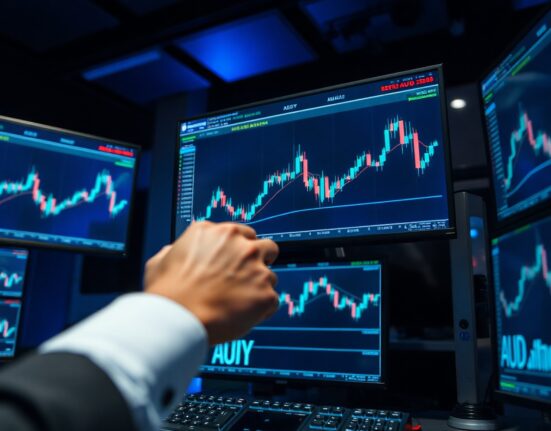 AUD/JPY bullish candlestick chart on trading monitors with upward trend above moving average