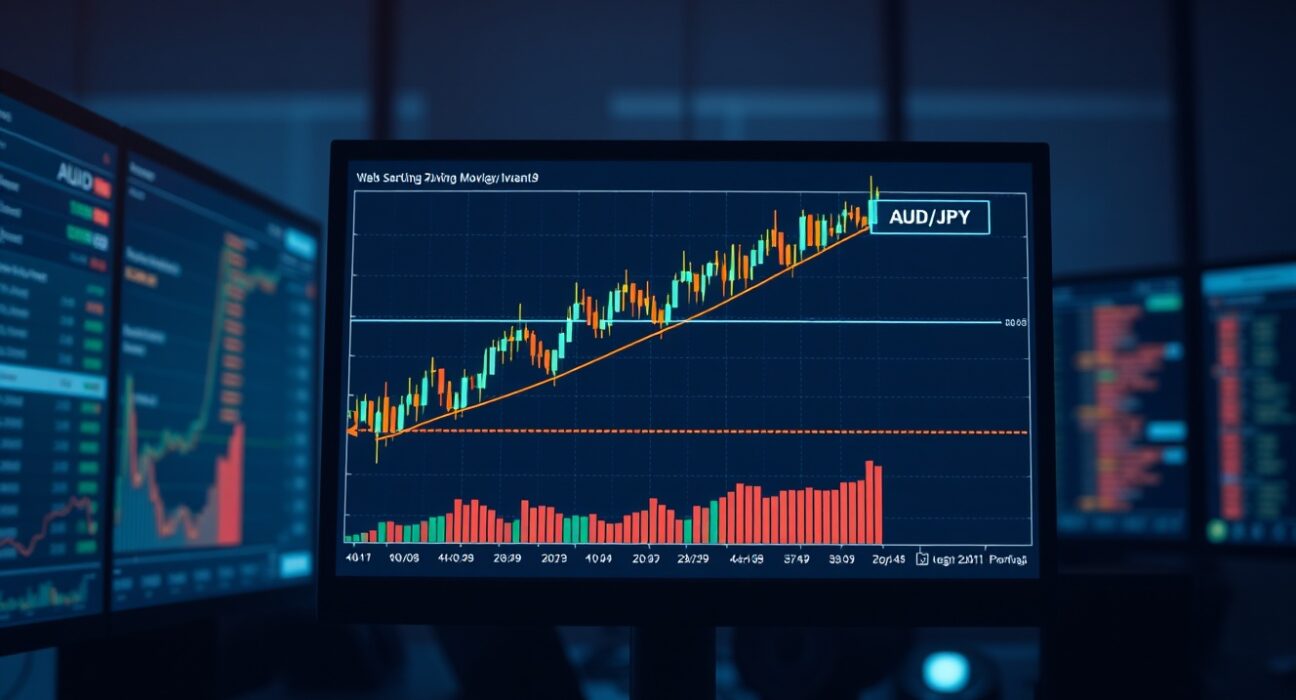 AUD/JPY price chart on a trading monitor showing bullish momentum above the 100-day EMA