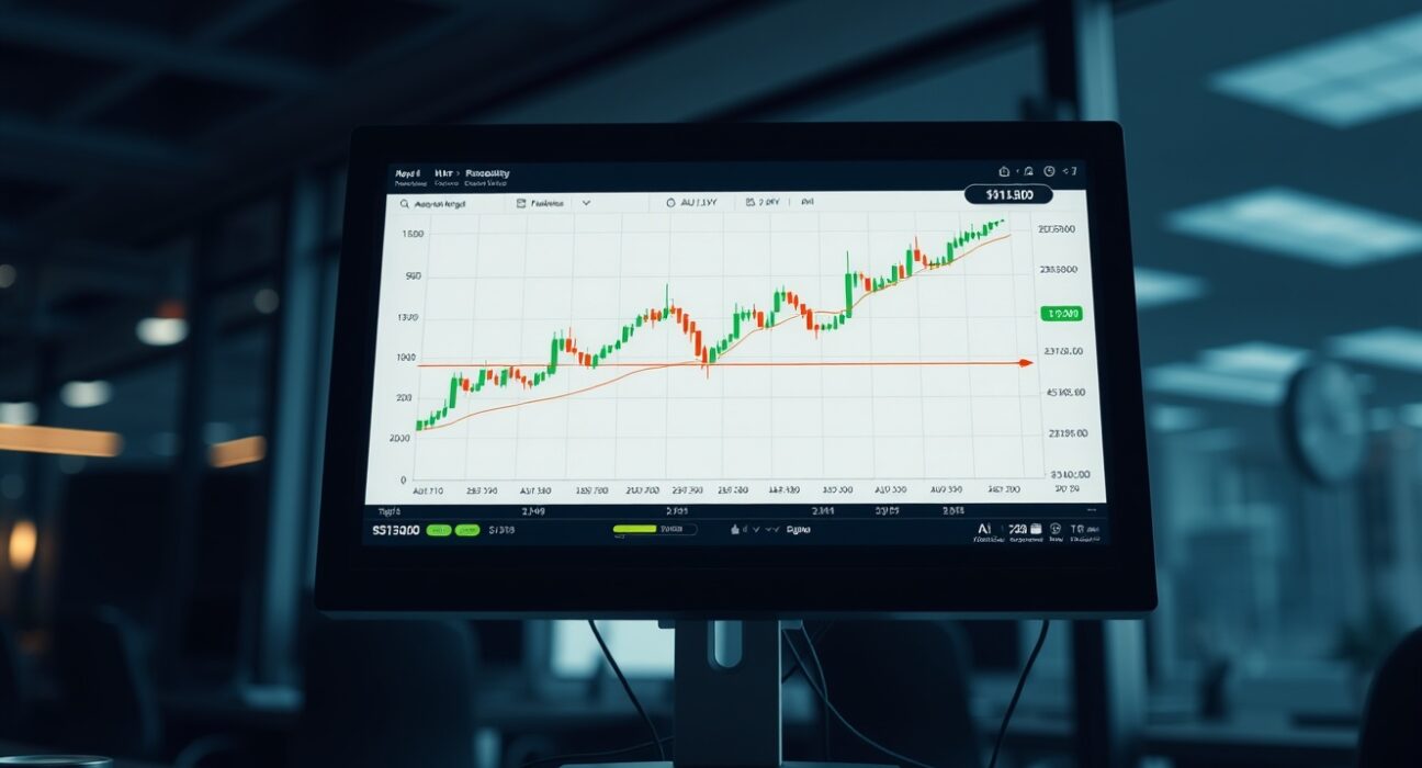AUD/JPY bullish price chart on a trading monitor showing uptrend above 113.00