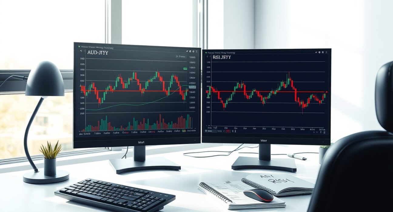 Professional trading desk displaying AUD/JPY technical analysis with 100-day EMA and RSI momentum indicators
