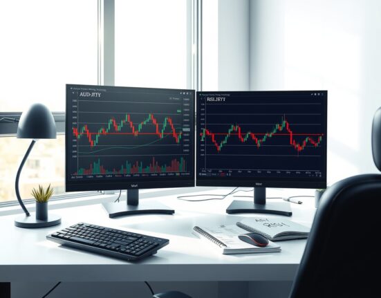 Professional trading desk displaying AUD/JPY technical analysis with 100-day EMA and RSI momentum