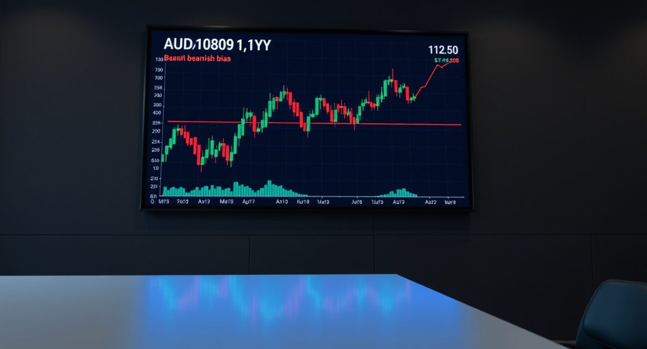 Digital forex trading board showing AUD/JPY candlestick chart grinding higher near 112.50 with bearish bias.