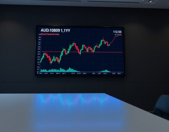 Digital forex trading board showing AUD/JPY candlestick chart grinding higher near 112.50 with bearish bias.