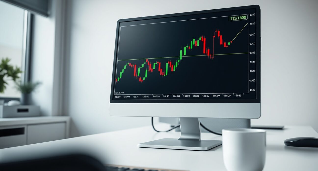 AUD/JPY candlestick chart on a trading monitor showing price near 112.00 level